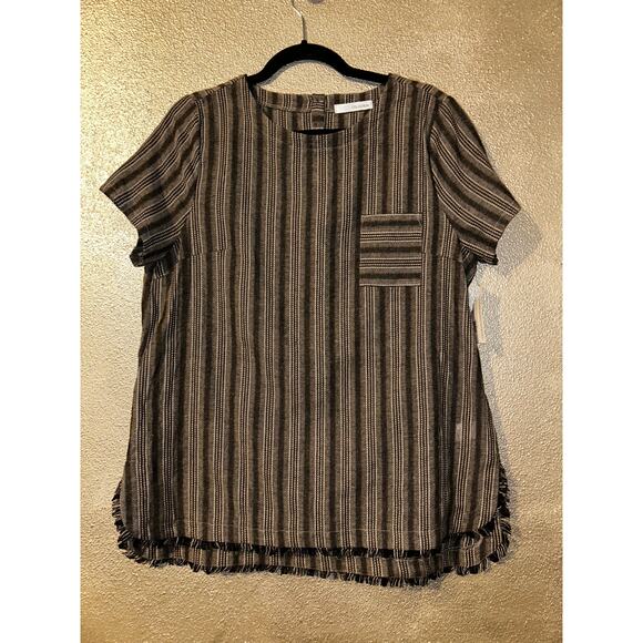 Fringe Collection Finishing Touch Preppy Gray Black White Stripe  Blouse Top - Picture 1 of 11